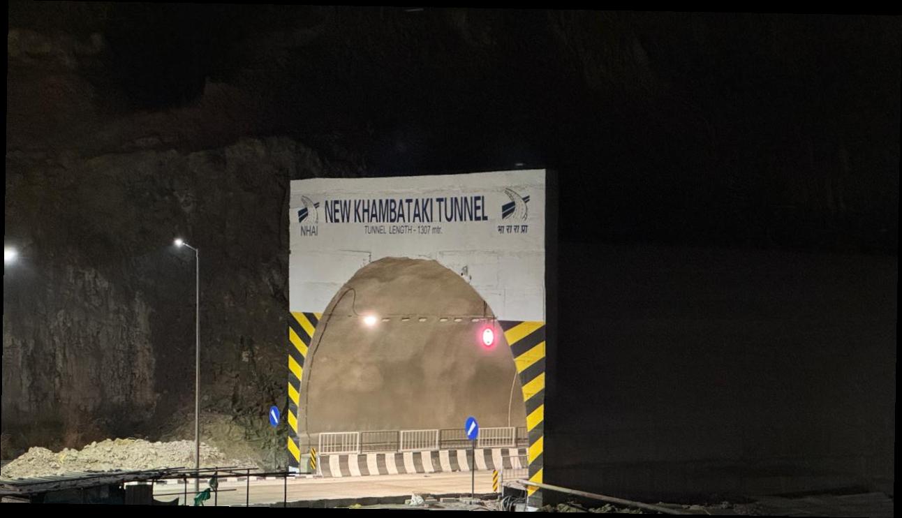 New Khambatki Tunnel portal at night — 1,307 m NHAI highway tunnel