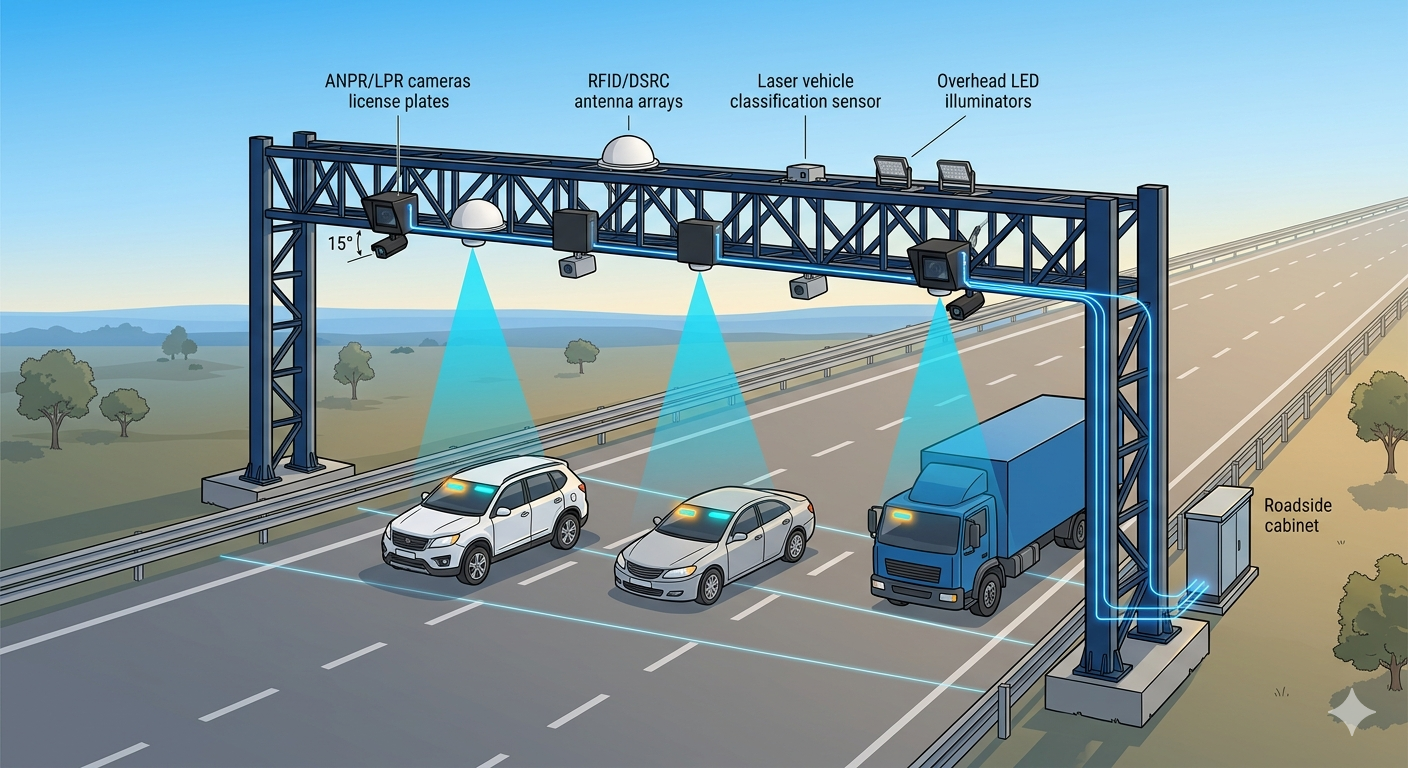 MLFF tolling system technical illustration showing camera, ANPR, RFID, and laser classification